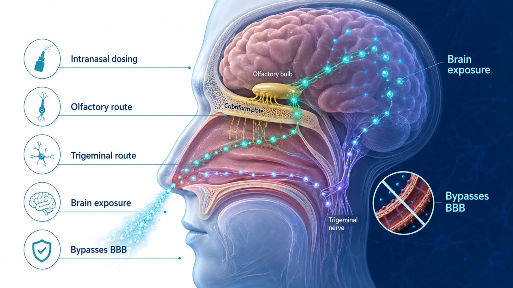 Diagram of intranasal cell delivery: olfactory and trigeminal routes carrying cells past the cribriform plate into the brain, bypassing the blood–brain barrier